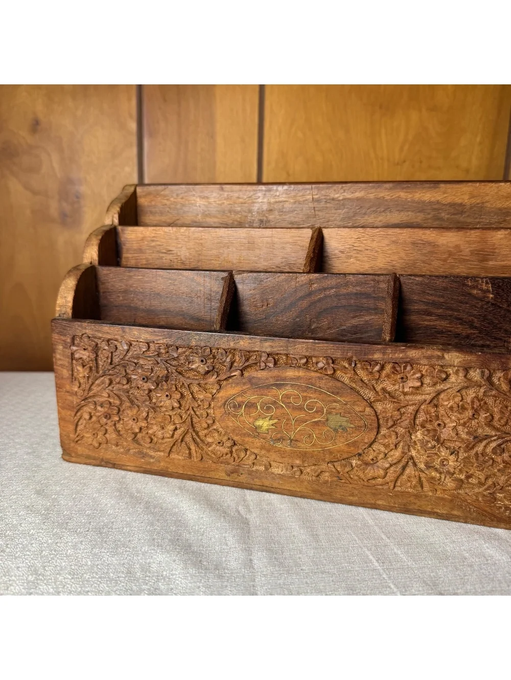 Vintage Hand Carved Wooden Desk Organizer Letter Holder Mail Sorter Boho